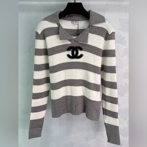CHANEL Gray and White Striped Knit Long-Sleeve Top
